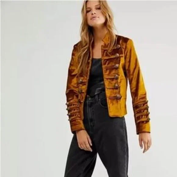 Free People Military Gold Orange Yellow Velvet MilitaryJacket Size Medium M - Picture 3 of 10
